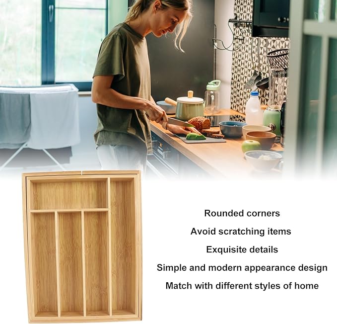 Kitchen Silverware Organizer Expandable for Cutlery and Utensils, Adjustable Wood Utensil Storage Cutlery Tray for Drawers, Kitchen Drawer Organizer Utensil Holder Makeup Organizer with(7 Slots A)