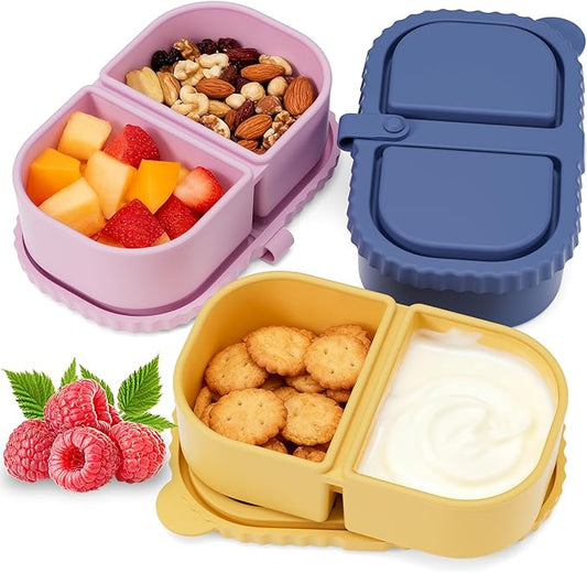 3 Pack Silicone Snack Containers with Lids, Reusable Double Compartment 8oz Leakproof Snack Box for Sauce, Dip, Salad, School, Office, Picnic