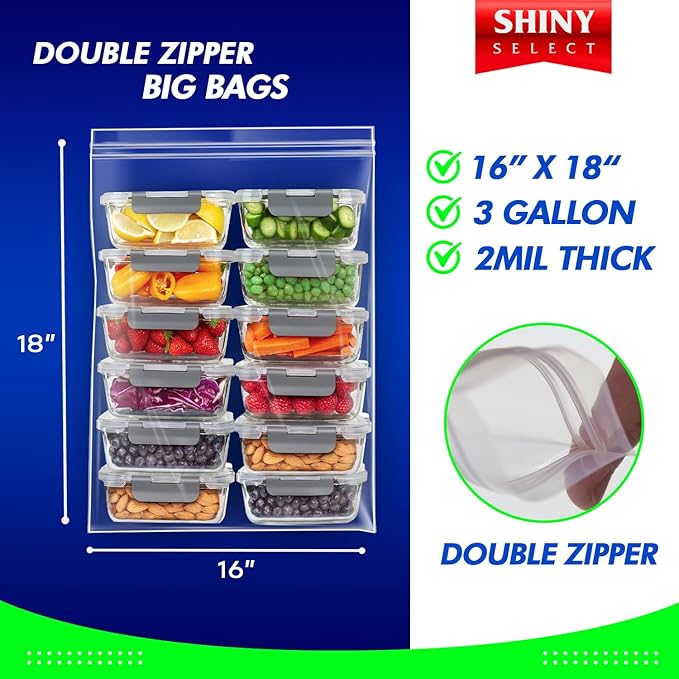 [12 COUNT] Double Zipper Jumbo Bags, 16x18, 2 Mil Thick, 2 MILL -3-Gallon - Heavy Duty Durable Storage Bags for Baby Items, School Supplies, Pants, Bedsheets, Pillowcases, Snacks, Meat Marinate
