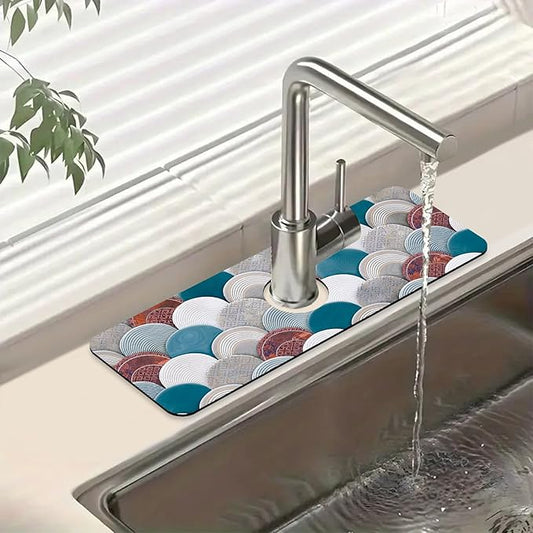 Wall Tiles Texture Sink Splash Guard Ceramic Decor Faucet Absorbing Mat Fast Drying Mat Sink Gadgets Splash Guard Behind Faucet Drip Catcher for Kitchen Bathroom, 15.5"x5.5"