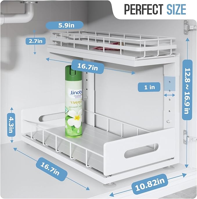 2 Pack 16.7 IN Depth Under Sink Organizer with Smooth Ball Bearing Slides,2-Tier Pull Out Cabinet Storage,Slide Out Drawers for Bathroom&Kitchen,Rust-resistant Coating,Height Adjustable-White
