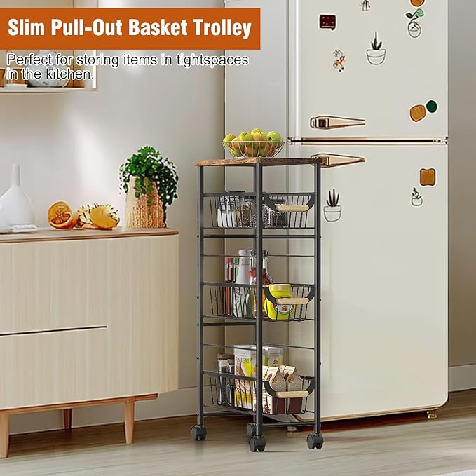 4-Tier Slim Rolling Cart with Pull-Out Baskets & Wooden Top — Narrow Mobile Storage Organizer, Multipurpose Utility Cart with Handle for Small Spaces, Kitchen, Bathroom, Laundry Room, Office, Brown