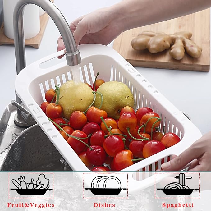 MineSign Extendable Over the Sink Colander Fruits and Vegetables Drain Basket Adjustable Strainer Sink Washing Basket for Kitchen (White)