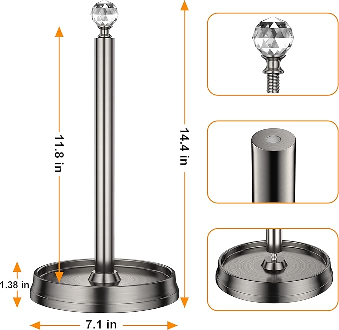 Paper Towel Holder with Crystal Ball - Steel Countertop Stand, Fits Standard & Jumbo Rolls, Brushed Nickel