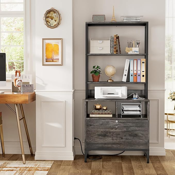 Homieasy Vertical File Cabinet, Bookshelf Filing Cabinet with Charging Station & Lock, Printer Stand Drawer Cabinet for Home Office, Fits Letter/A4/Legal Size, Grey