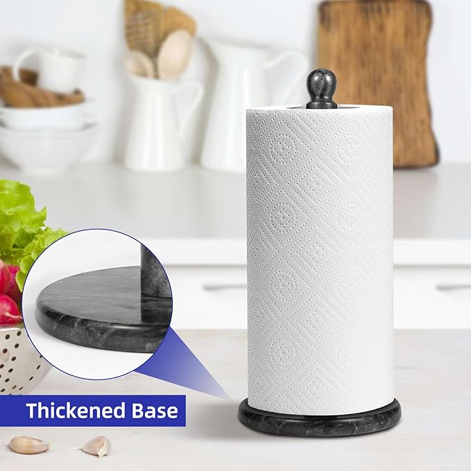 Handmade Marble Paper Towel Holder - 12" Upright Paper Roll Dispenser with Heavy Non-Slip Base for Easy One-Handed Tear - Ideal for Kitchen Countertops, Cabinets, and Bathrooms