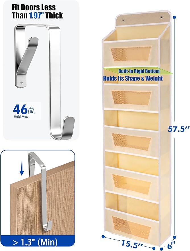 Meolsaek Over the Door Organizer, 46lbs Load and Anti-Tilt Design, 5 Tier Behind the Door Storage, Hanging Door organizer Perfect for Closet Organizers, Bathroom Storage