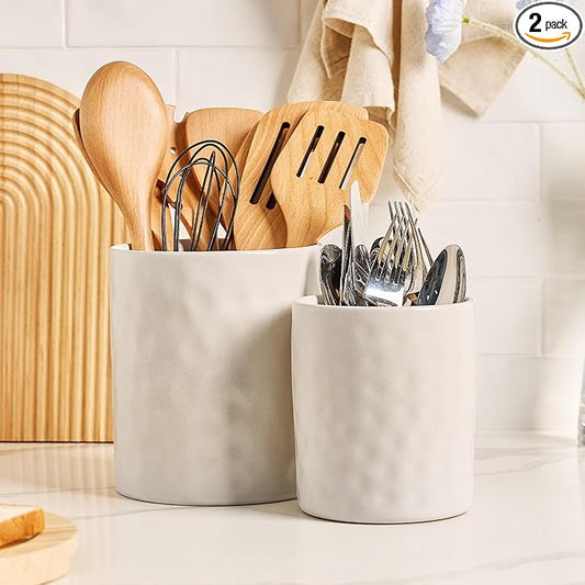 famiware Ocean Utensil Holder, 7.2"+5.8" Ceramic Kitchen Utensil Holder for Countertop, Cooking Utensil Crocks, Utensil Organizer for Spatula & Spoon, Kitchen Decor, Set of 2, Matte White