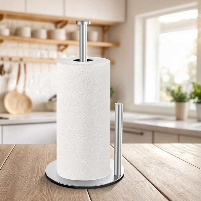 Paper Towel Holder for Kitchen, Countertop Paper Towel Holder, Silver Stainless Steel Paper Roll Holder, Weighted Paper Towel Stand for Standard and Large Size Rolls