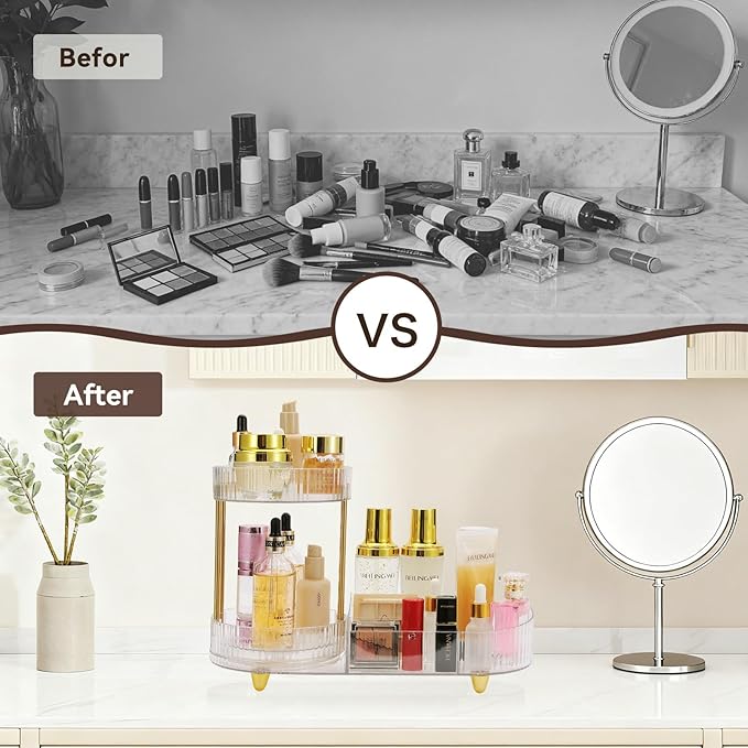 Makeup Organizer Rotating Perfume Tray 5-compartment Cosmetic and Skincare Organizers Makeup Brush Holder for Bathroom Vanity Bedroom Counter Countertop (Transparent-Golden Foot Mat)