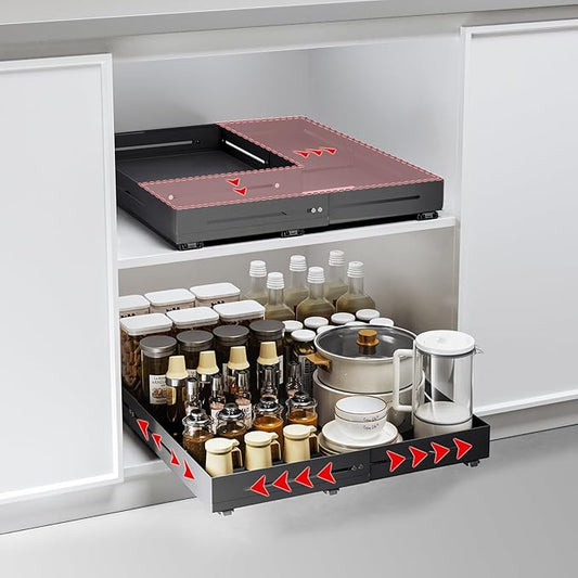 Pull-out Cabinet Organizer,Adjustable Depth(12.8"-17.5") And Width(14.8"-20.5"),3 Silent slides and 2 Support Pulleys,Easy to Assemble and Heavy-Duty Storing slide-out drawer,Black