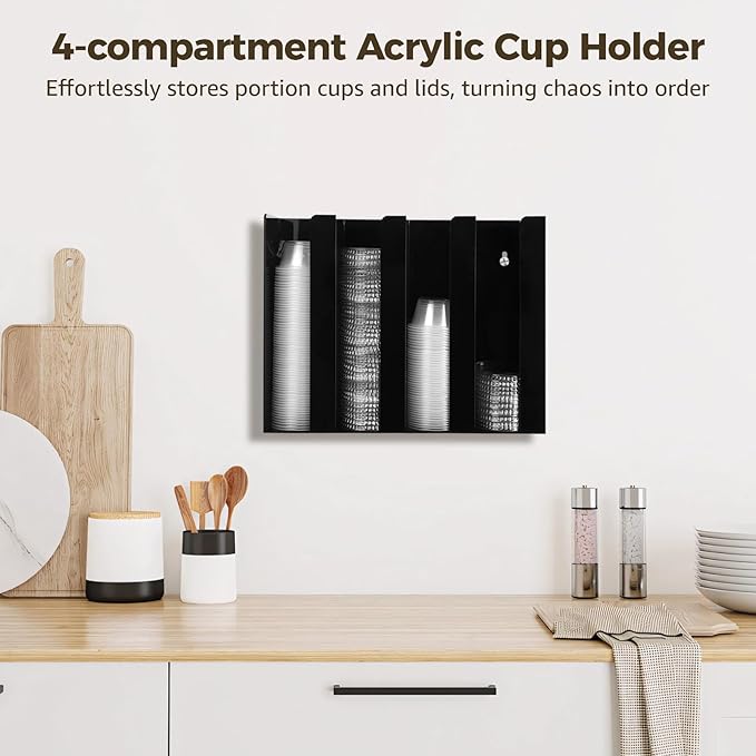 OMISTAR Portion Cup and Lid Organizer, 4-Compartment Black Acrylic Dispenser, Wall Mount/Countertop, Restaurant Coffee Tea Condiment Supplies, 13 x 10 x 3.25 in