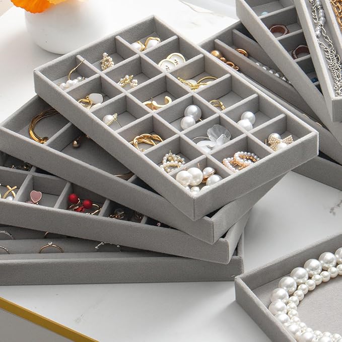 Jewelry Trays Organizer for Drawer, 9 Set of Small Jewelry Display Case Storage Velvet Stackable Drawer Inserts Organizer for Necklaces Bracelets Earrings Rings (Grey)