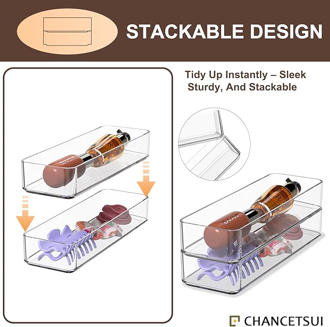 CHANCETSUI Clear Vanity Drawer Organizer Storage : Stackable Plastic Storage Tray For Makeup And Personal Care, 4 Pieces, 3x9 Inch