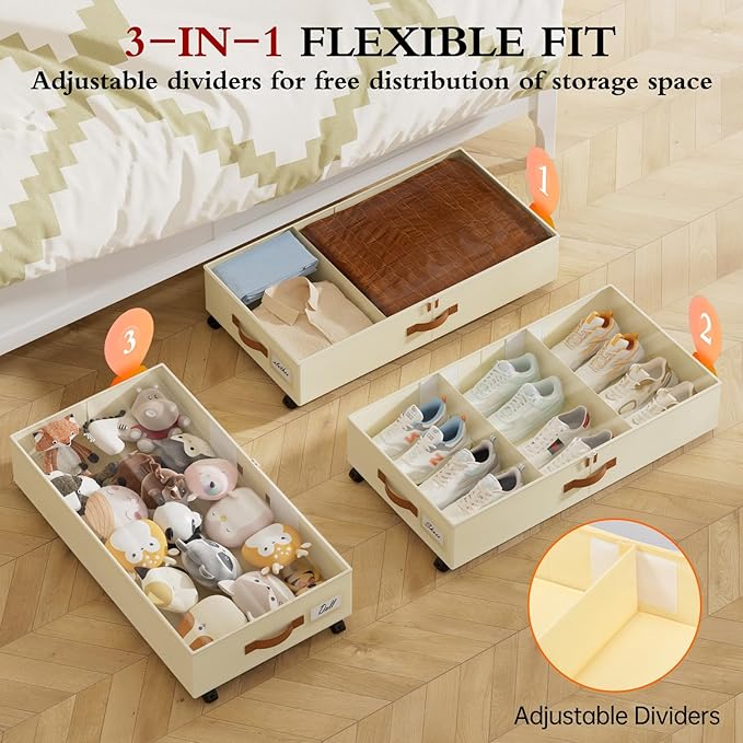 Yecaye Under Bed Storage with Wheels, 2 Pack Under Bed Storage Containers with Adjustable Dividers & Clear Lid, Rolling Underbed Organizer Bins Drawer for Clothes, Shoes, Blankets(33.3 x 16.5 x 6.7in)