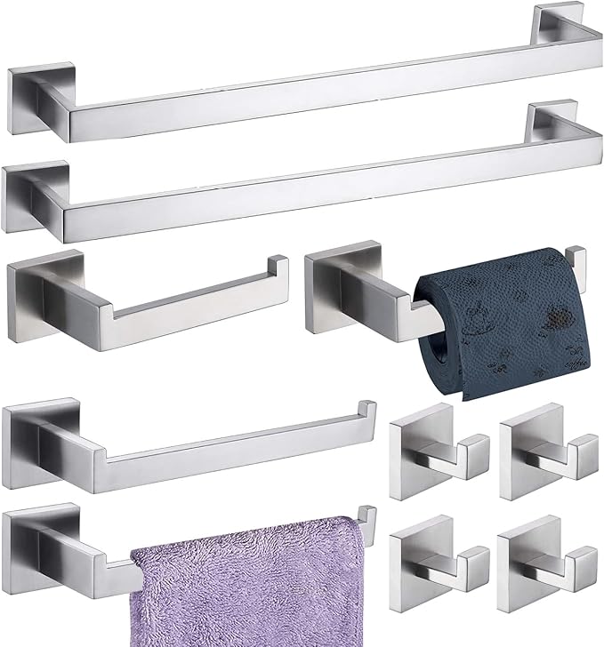 Bathroom Hardware Set 10 Piece Brushed Nickel Bathroom Accessories Set SUS304 Towel Bar Set Includes 2 Towel Bar 24 Inch+2 Towel Holder+2 Toilet Paper Holder+4 Towel Hook (10, Brush Nickel)
