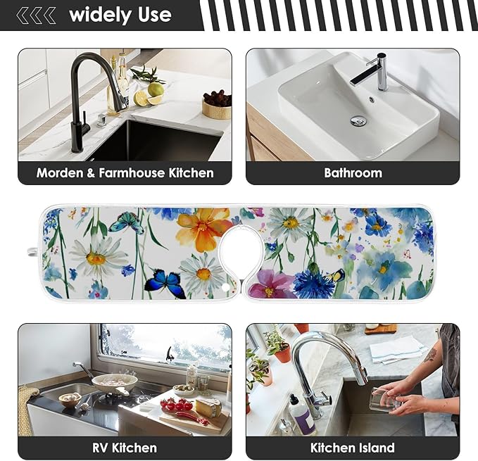 2 PCS Kitchen Sink Splash Guard 30 Inch Faucet Mat for Kitchen Sink Bathroom Sink Faucet Absorbing Drip Drain Mat Pad Microfiber Soft Washable Watercolor Blue Cornflower Daisy Butterflies