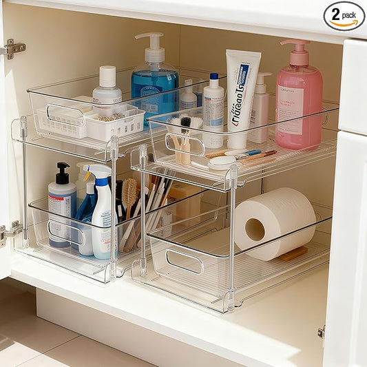 Under Sink Organizer 2-Tier Under Cabinet Organizer, Clear Under Sink and Pull-Out Cabinet Organizer for Kitchen and Pantry Storage