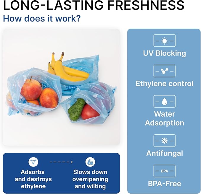 Freshpack 247 Food Bags – Tear-Off Bags on a Roll, Reusable, Ethylene Absorption Helps Keep Food Fresh up to 3× Longer – Biodegradable, BPA-Free, UV-Shielded, SGS Tested (S)
