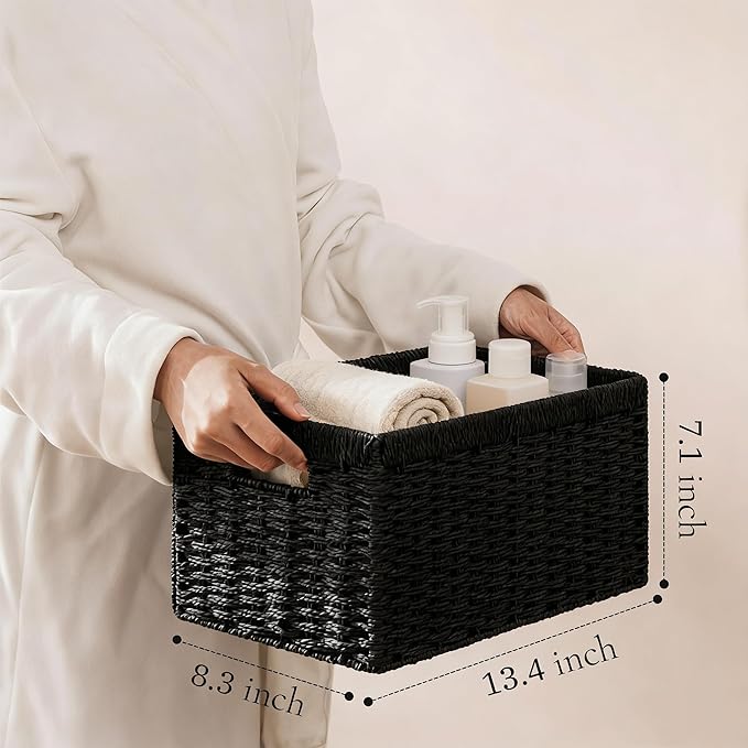 joybest Black Wicker Storage Baskets, Hand-Woven Paper Rope Wicker Baskets for Organizing, Foldable Rectangular Storage Organizer Bins for Shelves with Built-in Handles 13.4L x 8.3W x 7.1H Set of 3