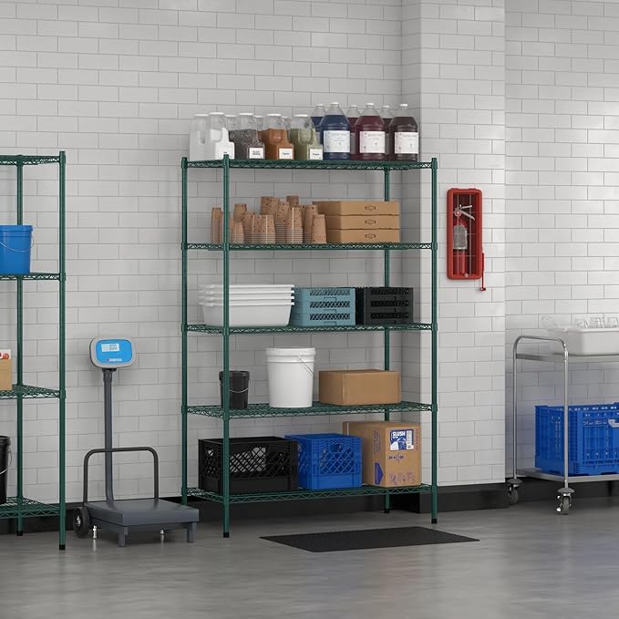 Commercial NSF Listed Green Epoxy Stationary Wire Shelving Kit 21" x 48" x 74", with 5 Shelves Perfect for Warehouse, Walk-in Refrigerator, Freezer, Grocery Store, Restaurant, Dishroom