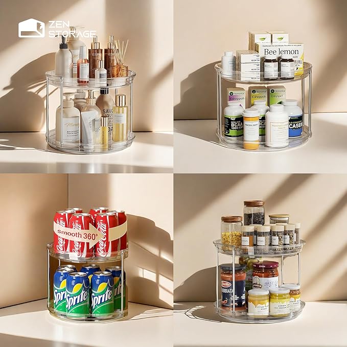 2 Tier Lazy Susan 9 Inch, Turntable Round Plastic Clear Acrylic Organizer Organiztion Storage Container Bins, Rotating Spice Rack, Closet