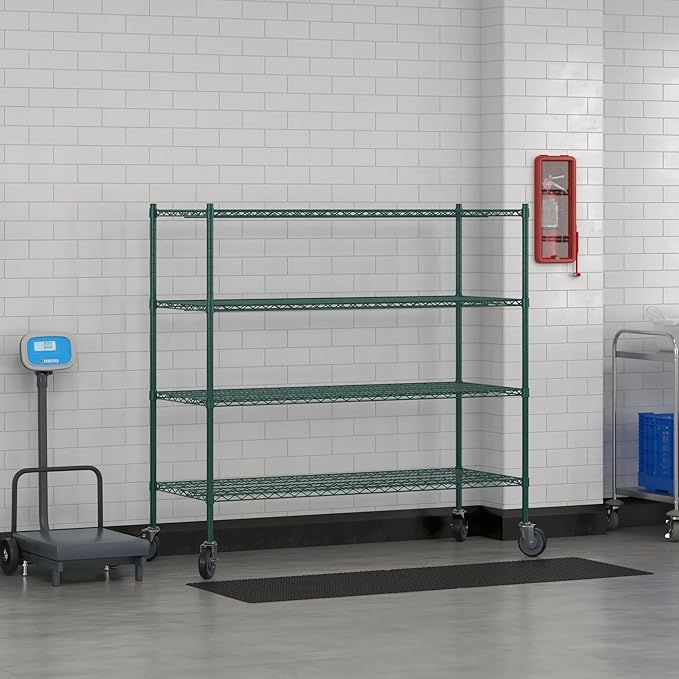 Commercial NSF Listed Green Epoxy Mobile Wire Shelving Kit 24" x 60" x 60", with 4 Shelves Perfect for Warehouse, Walk-in Refrigerator, Freezer, Grocery Store, Restaurant, Dishroom