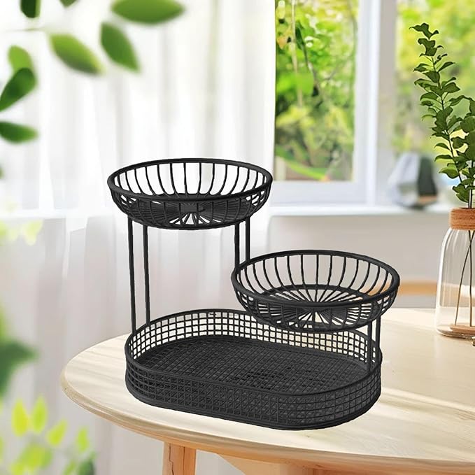 3 Layer Fruit Basket Fruit Holder Space Saver Serving Stand Metal Wire Storage Basket Bread Basket Vegetable Rack for Holdiay, black