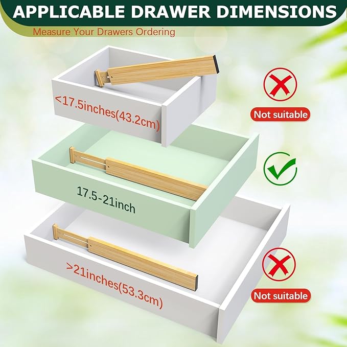 Lzerking Kitchen Drawer Dividers 6 Pack, 17-22" Adjustable Bamboo Drawer Organizers Large, Spring Loaded, Expandable Utensil Organizer, Works in Kitchen, Dresser, Closet, Bathroom, Bedroom