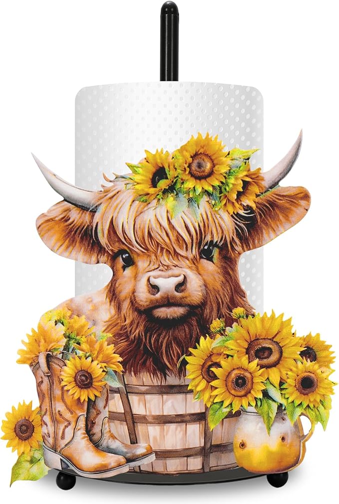 JarThenaAMCS Highland Cow Sunflower Paper Towel Holder Watercolor Floral Cattle Kitchen Decor Accessories Farmhouse Large Metal Towel Holder Stand for Home Bathroom Countertop