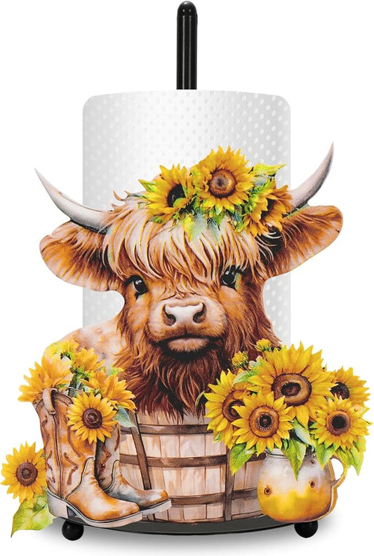 JarThenaAMCS Highland Cow Sunflower Paper Towel Holder Watercolor Floral Cattle Kitchen Decor Accessories Farmhouse Large Metal Towel Holder Stand for Home Bathroom Countertop