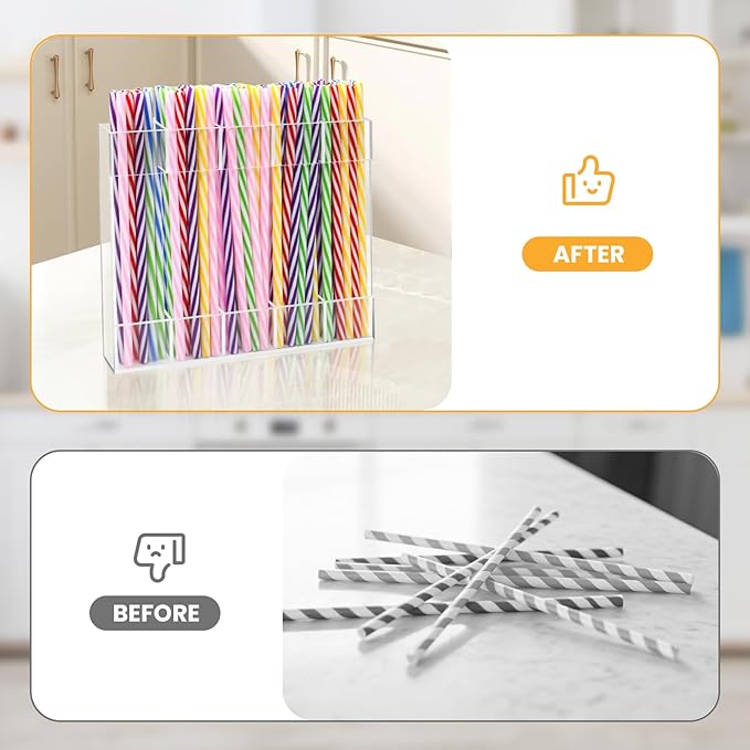 Acrylic Straw Holder for Cabinet Door - Clear Magnetic Straws Storage Container with Adhesive & Stickers, Reusable Straws Dispenser, Space-Saving Straw Organizer for Kitchen