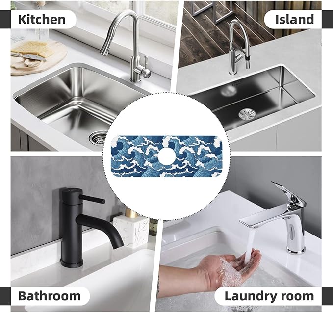 Japanese Wave Kanagawa Blue And White Waves Japan Kitchen Sink Splash Guard Faucet Mat Super Absorbent Fast Drying Mat Sink Gadgets-Fast Drying Pad Sink Mat For Kitchen Bathroom (15" X 5.5" )