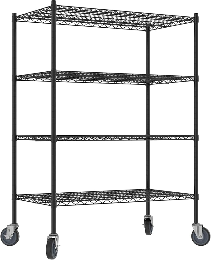 Commercial NSF Listed Black Epoxy Mobile Wire Shelving Kit 24" x 42" x 60", with 4 Shelves Perfect for Warehouse, Walk-in Refrigerator, Freezer, Grocery Store, Restaurant, Dishroom