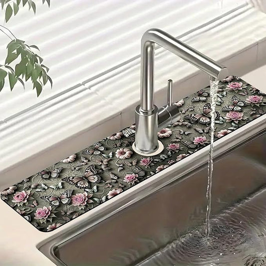 Cute Butterfly Sink Faucet Absorbing Mat Pink Flower Super Absorbent Fast Drying Mat Sink Gadgets Behind Faucet Sinkmat for Kitchen Bathroom, 23.5"x5.5"