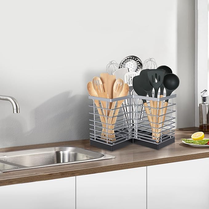 Suli Kitchen Utensil Holder with 3 Compartments，Stainless Steel Corner Caddy for Countertop, Farmhouse Cooking Rustic Storage, Silvery