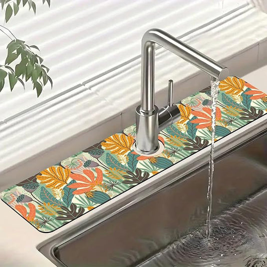 Abstract Leaves Sink Splash Guard Faucet Mat Boho Leaves Super Absorbent Fast Drying Mat Sink Gadgets-Splash Guard Behind Faucet Drip Catcher for Kitchen Bathroom, 23.5"x5.5"