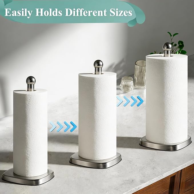 DAWNER SecureGrip Stainless Steel Paper Towel Holder Countertop, Paper Towel Stand, Dual-Weighted Suction Base for Kitchen & Bathroom‌
