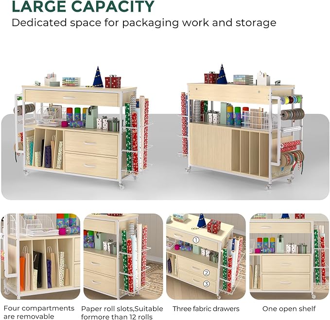 Wrapping Paper Storage & Organizer, Craft Cart with Ribbon & Gift Bag Storage, Wrapping Paper Organizer Holder(3 Wooden Drawers- Oak)