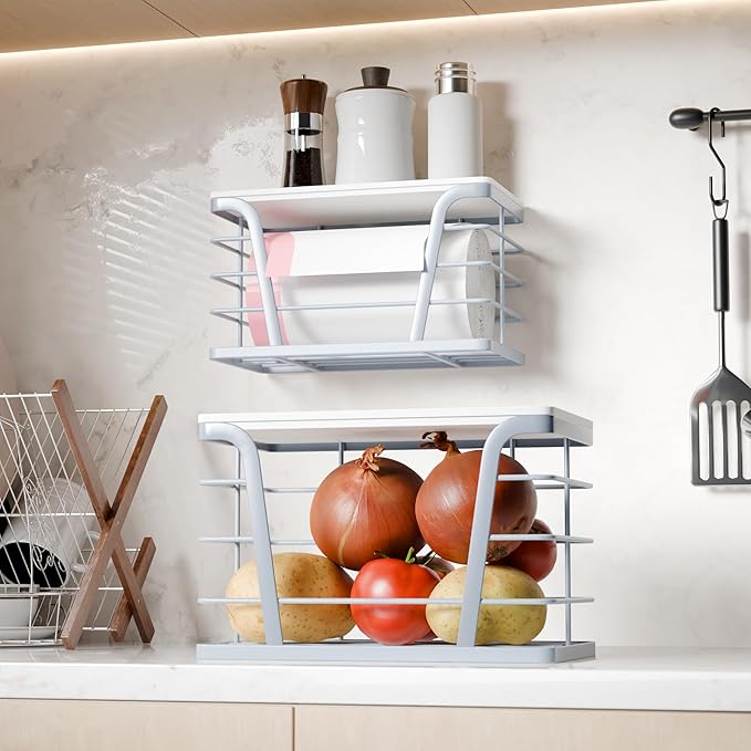 2 Pack Grey Trash Bag Organizer for Kitchen and Pantry, Upgraded Stackable Metal Garbage Bag Holder with Bamboo Top, Modern Under Sink Storage Dispenser for Laundry Room, Garage