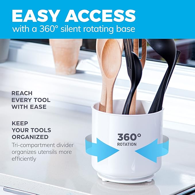 Cooler Kitchen Jumbo XL Rotating White Plastic Utensil Holder Caddy with Sturdy No-Tip Weighted Base, Removable Divider, and Gripped Insert - Dishwasher Safe Kitchen Utensil Holder for Countertop