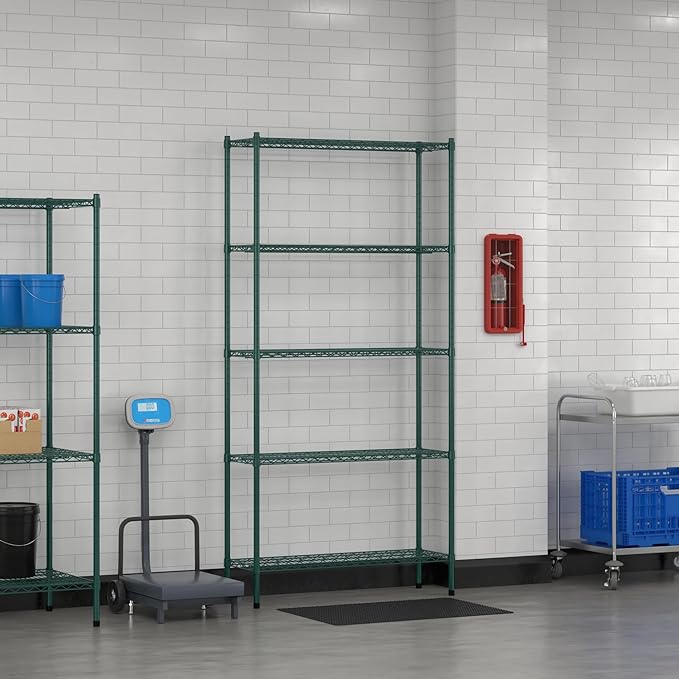 Commercial NSF Listed Green Epoxy Stationary Wire Shelving Kit 14" x 42" x 86", with 5 Shelves Perfect for Warehouse, Walk-in Refrigerator, Freezer, Grocery Store, Restaurant, Dishroom