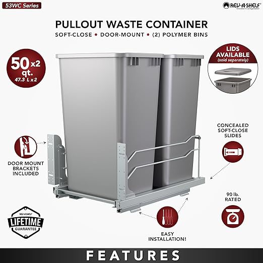 Rev-A-Shelf Double Pullout Trash for Full Height Kitchen Cabinets 50 Quart 12.5 Gallon with Soft-Close Slides, Metallic Silver, 53WC-2150SCDM-217