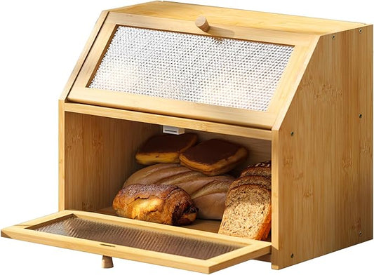 Bread Box for Kitchen Countertop Bin Double Layer Bread Box Storage Container Extra Large Capacity Farmhouse with Diamond Pattern Windows (Natural, Large)