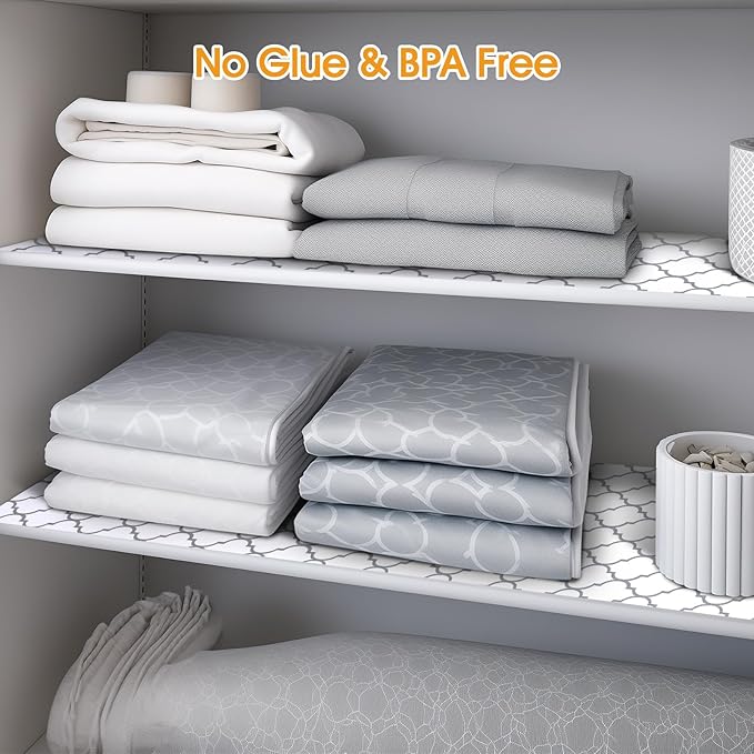 Shinlendid Shelf and Drawer Liner for Kitchen Cabinets Non-Adhesive, Strong Grip Non-Slip Thickened Cabinet Liners for Shelves, Waterproof Mats for Dresser Cupboard, White/Gray, 12 in x 20 Feet