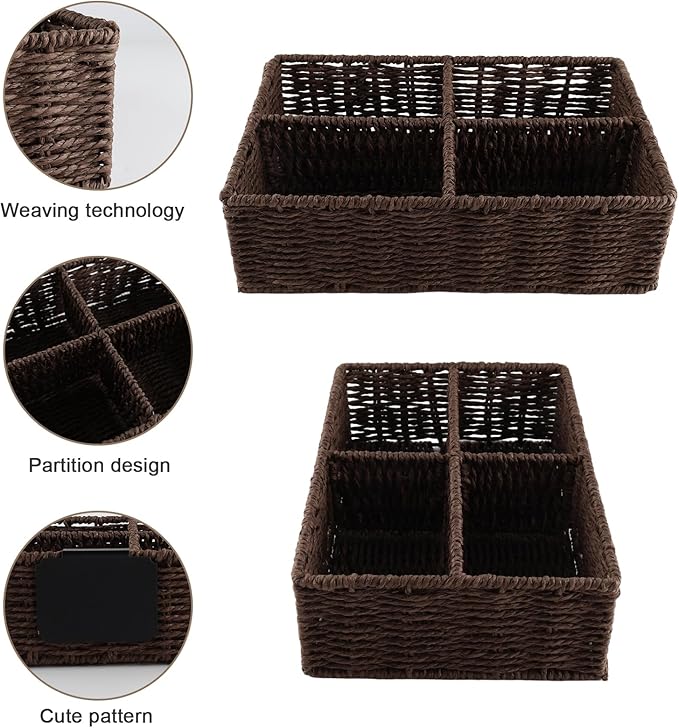 Snack Bar Station Organizer,Pantry Organizers and Storage Bins,Hand-Woven Snack Basket for Countertop with 4 Compartments,Snack Display Box for Candy,Drink Packet,Chips,Spice Organizer