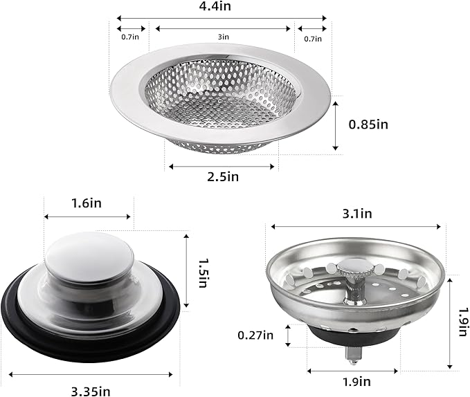 RQYEKDO 3-Pack Kitchen Sink Drain Strainer Stopper Set, Universal Anti-Clogging Stainless Steel Garbage Disposal Plug with Handle, Perforated Basket Filter Sieve for Standard 3.5" Drains (Silver)