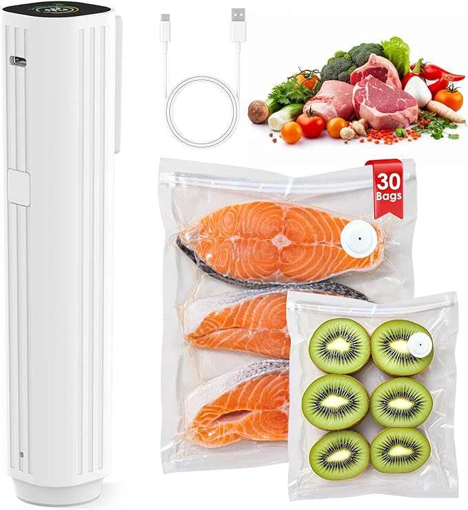Natupo Compact Vacuum Sealer for Food (Contains 30 Reusable Seal Bags) Featuring LED Pressure Display, Ultimate Suction Power, Handheld Vacuum Sealer Machine, Portable Food Sealer