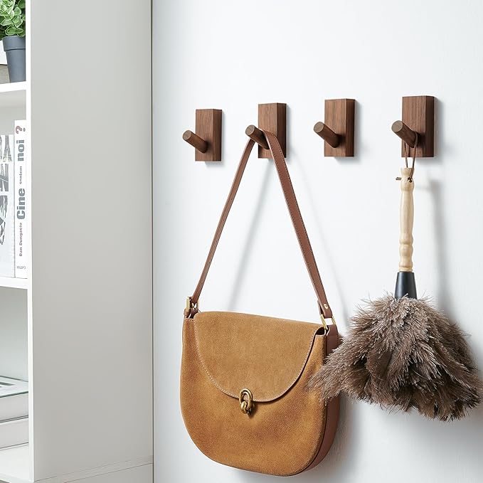 Felidio Natural Wooden Wall Hooks, Adhesive & Screw Mount Coat and Towel Hooks - Decorative Key Holder, Hat Rack, Stocking Wall Hangers for Bathroom Entryway Closet - 6 Pack, Walnut Wood