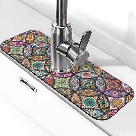 Boho Pretty Mandala Ceramic Rainbow Kitchen Sink Splash Guard Faucet Mat 1 Pcs, Absorbent Fast Drying Mat Gadgets Splash Guard For Bathroom 15 X 5.5 Inches
